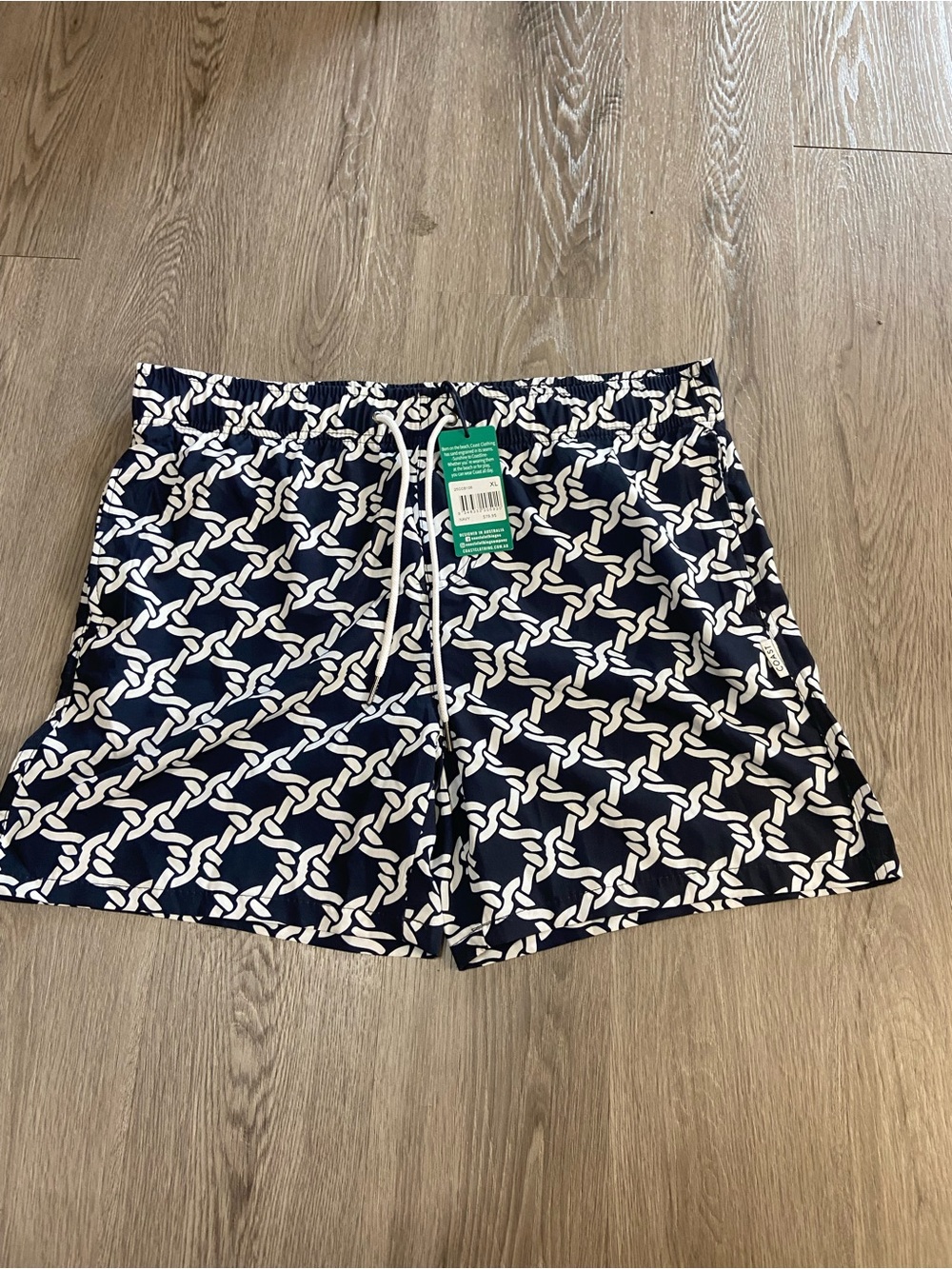 Men's Navy Rope-Pattern Swim Trunks with White Drawstring